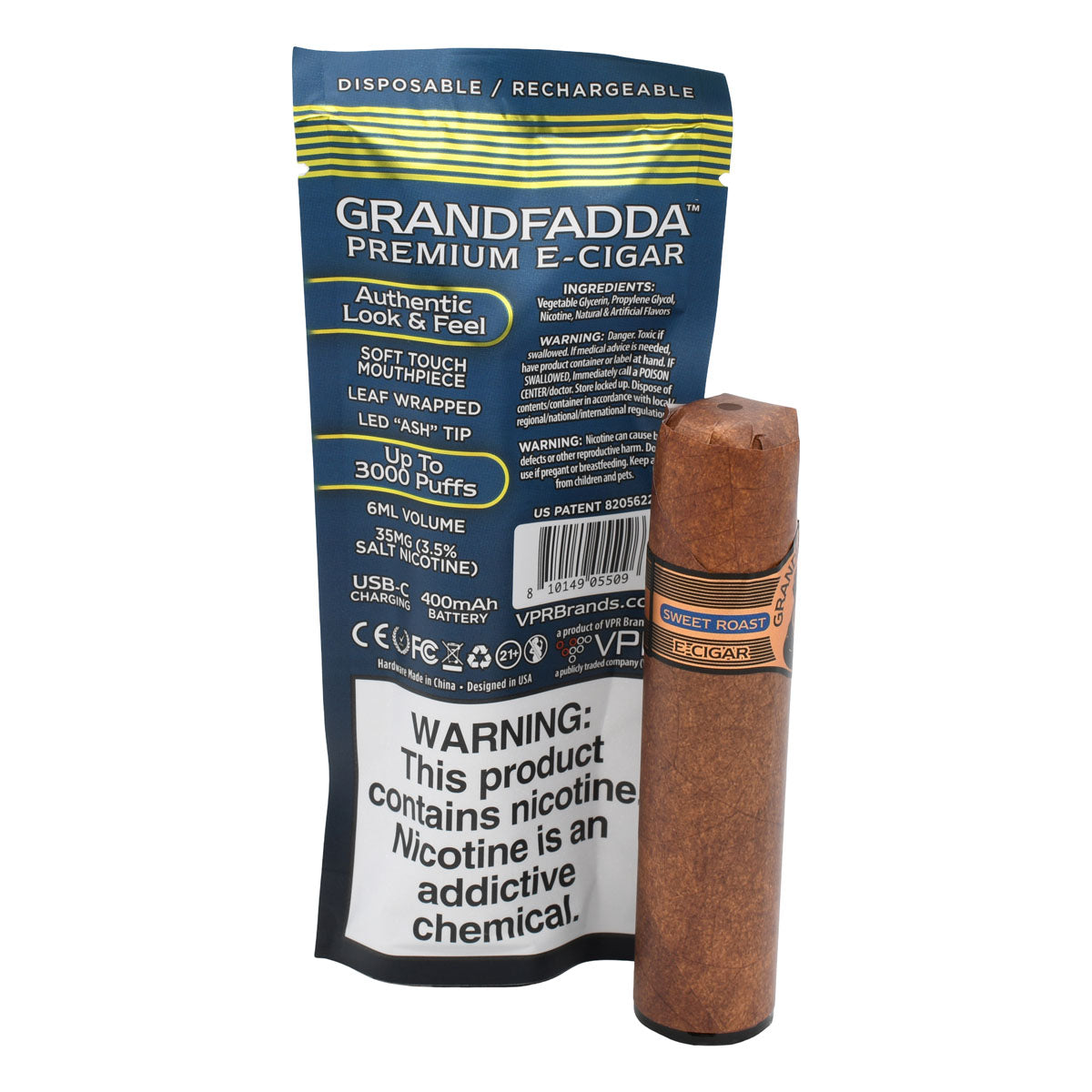 Grandfadda Premium E-cigar With Packaging - Sweet Roast Tobacco Flavor
