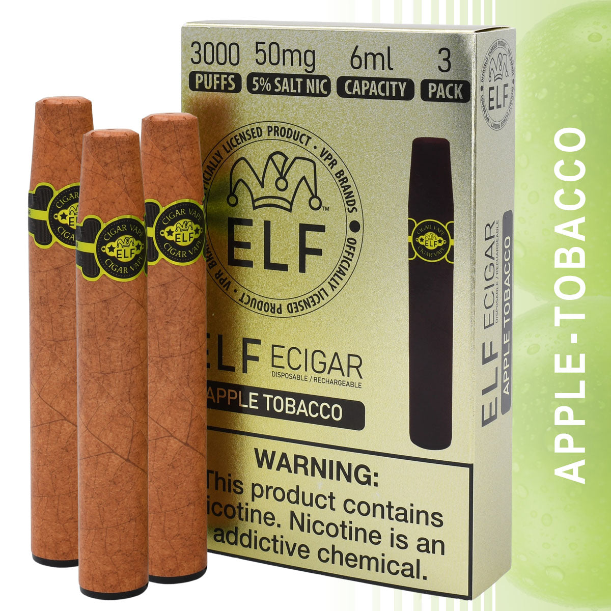 3-Pack Disposable Vape Cigars Apple Tobacco Flavor