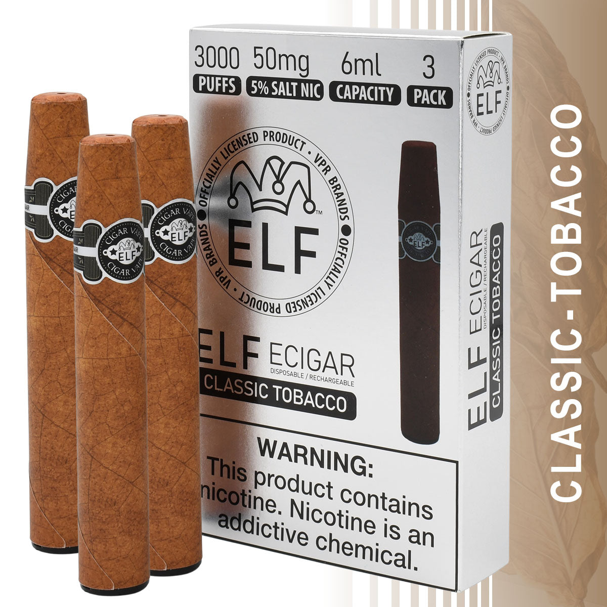 3-Pack Disposable E-Cigars with Classic Tobacco Flavor