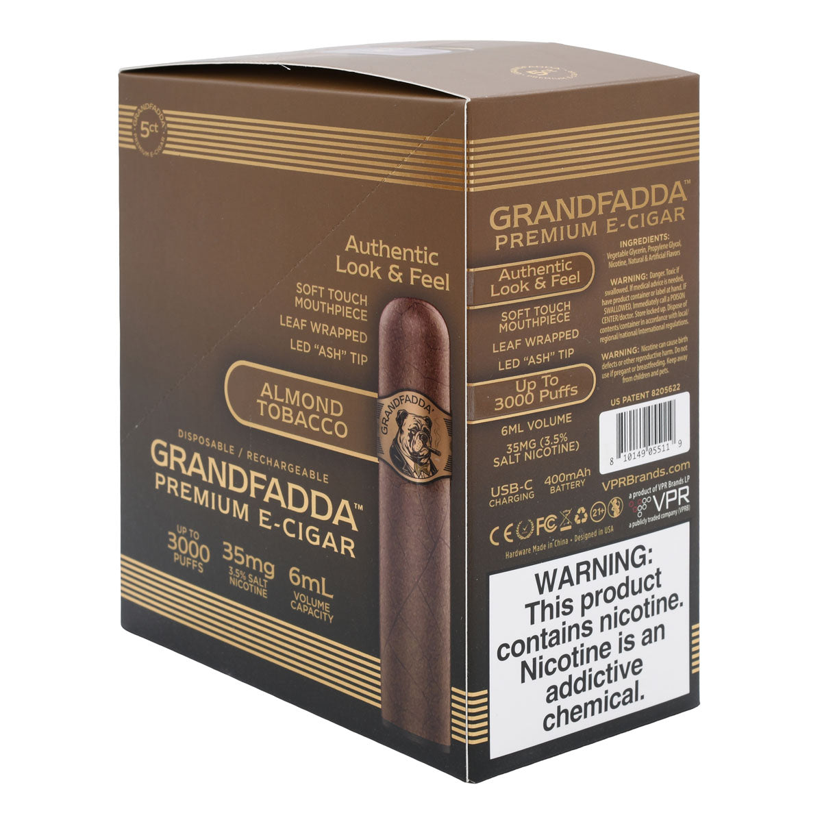 5-Pack Almond Tobacco Grandfadda E-cigars. Each e-cigar is individually wrapped in airtight, easy-open packaging.
