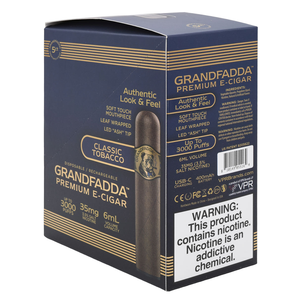 5CT Box of Classic Tobacco Grandfadda Premium E-Cigar