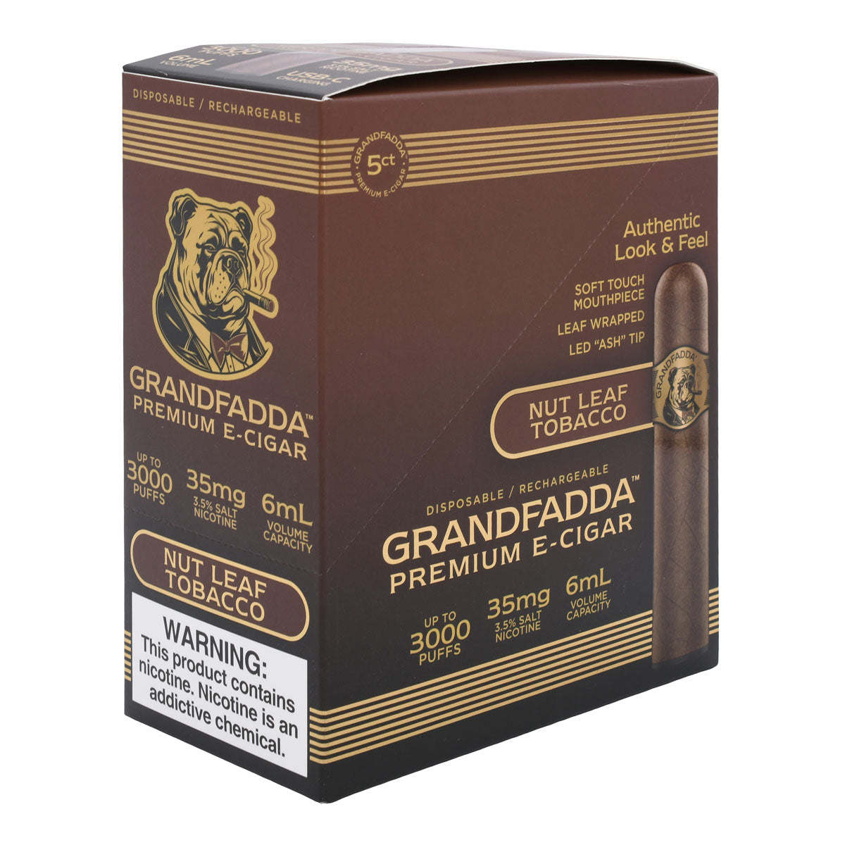 5-Pack Retail Box | Nut Leaf E-Cigar Grandfadda Gordo (L Angle)