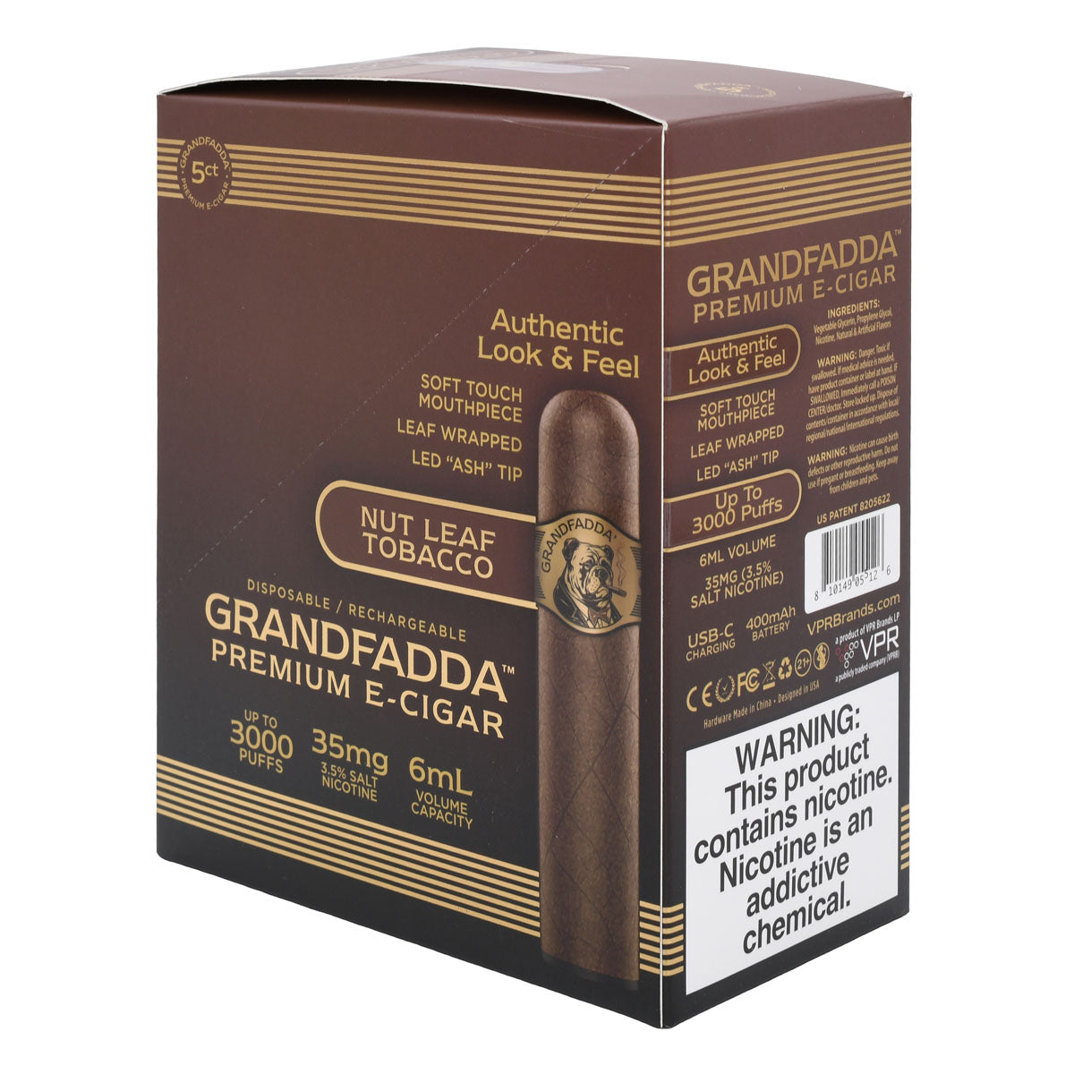 5-Pack Retail Box | Nut Leaf E-Cigar Grandfadda Gordo (R Angle)
