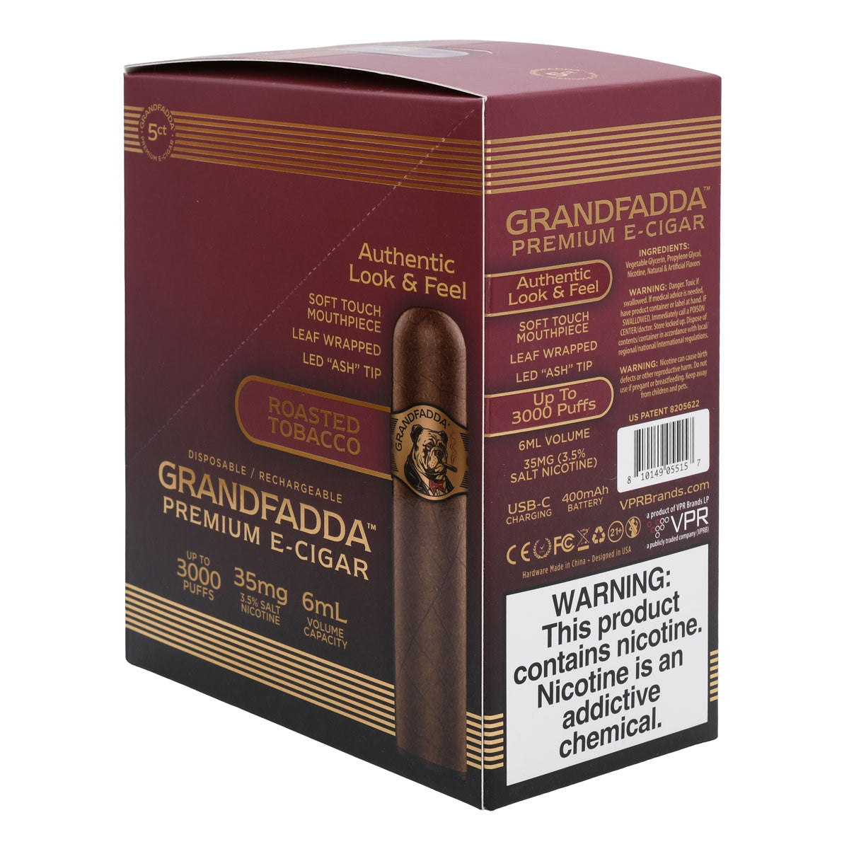 Grandfadda Gordo E-Cigar 5-Pack Roasted Tobacco Flavor (R Angle)