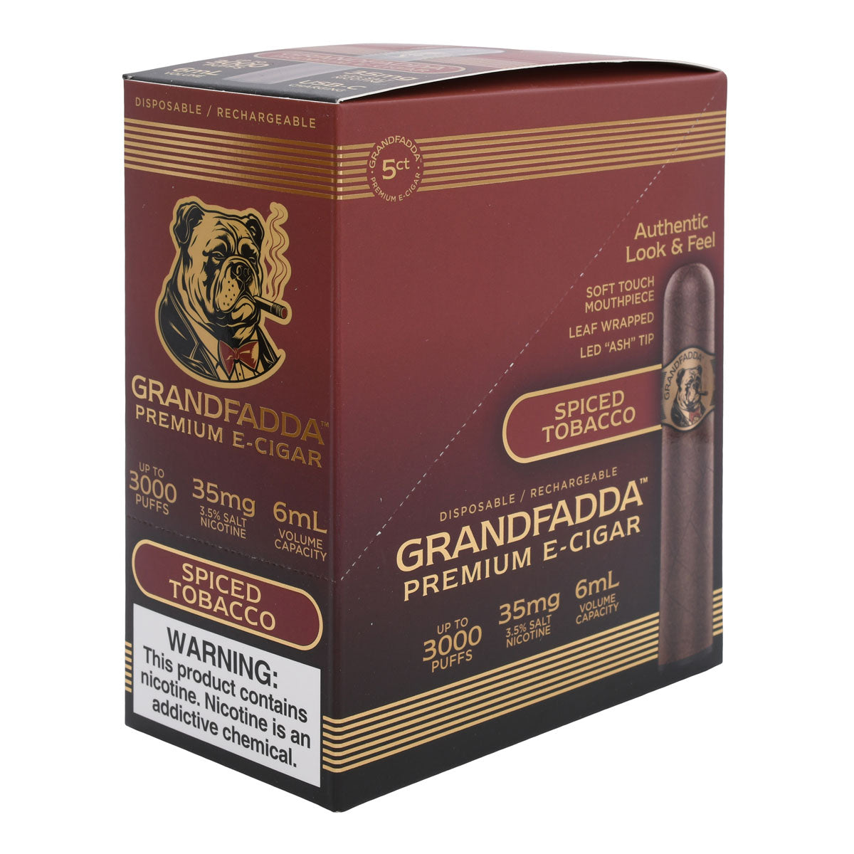 E-Cigar 5-Pack Box | Spiced Tobacco Grandfadda Gordo (L Angle)