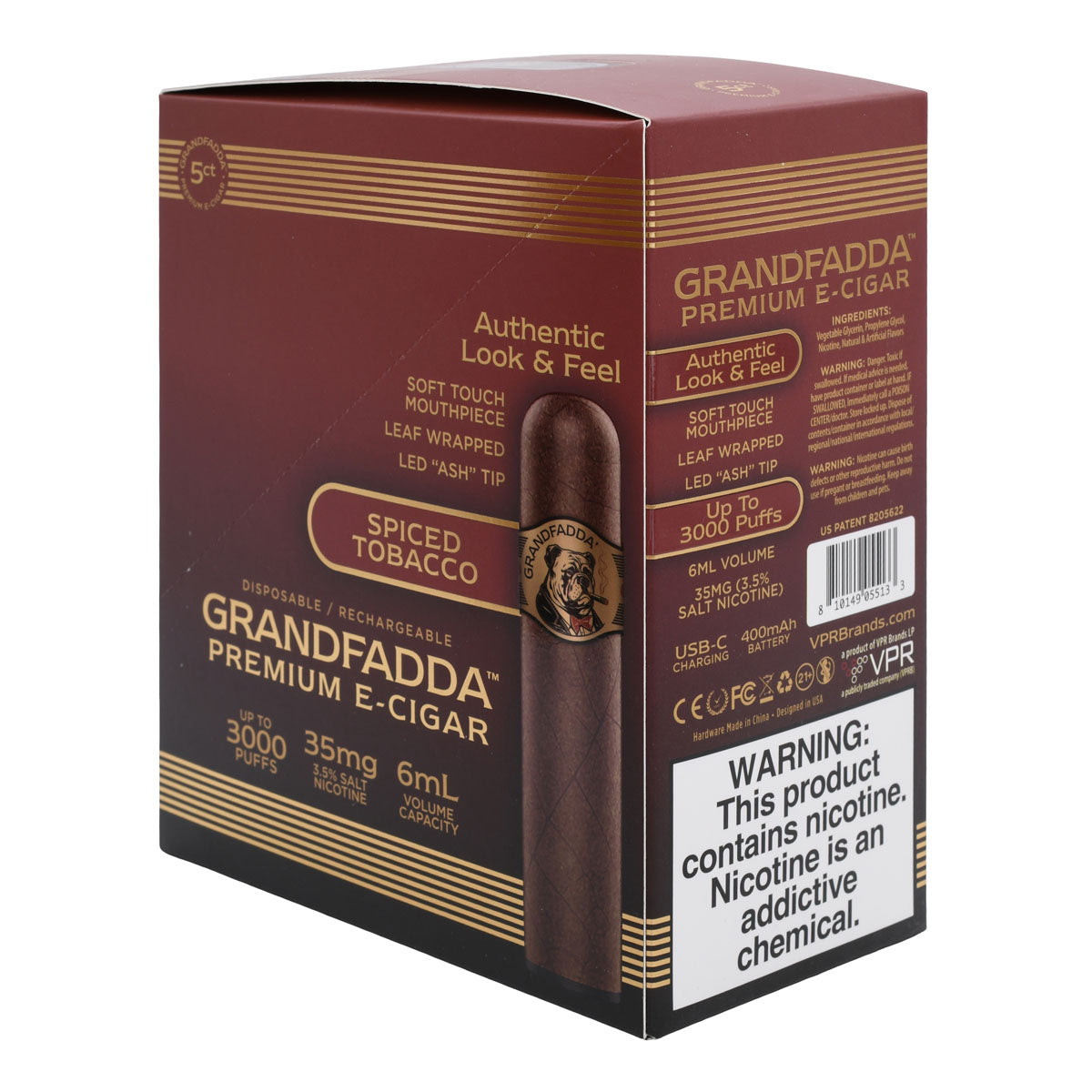 E-Cigar 5-Pack Box | Spiced Tobacco Grandfadda Gordo (R Angle)