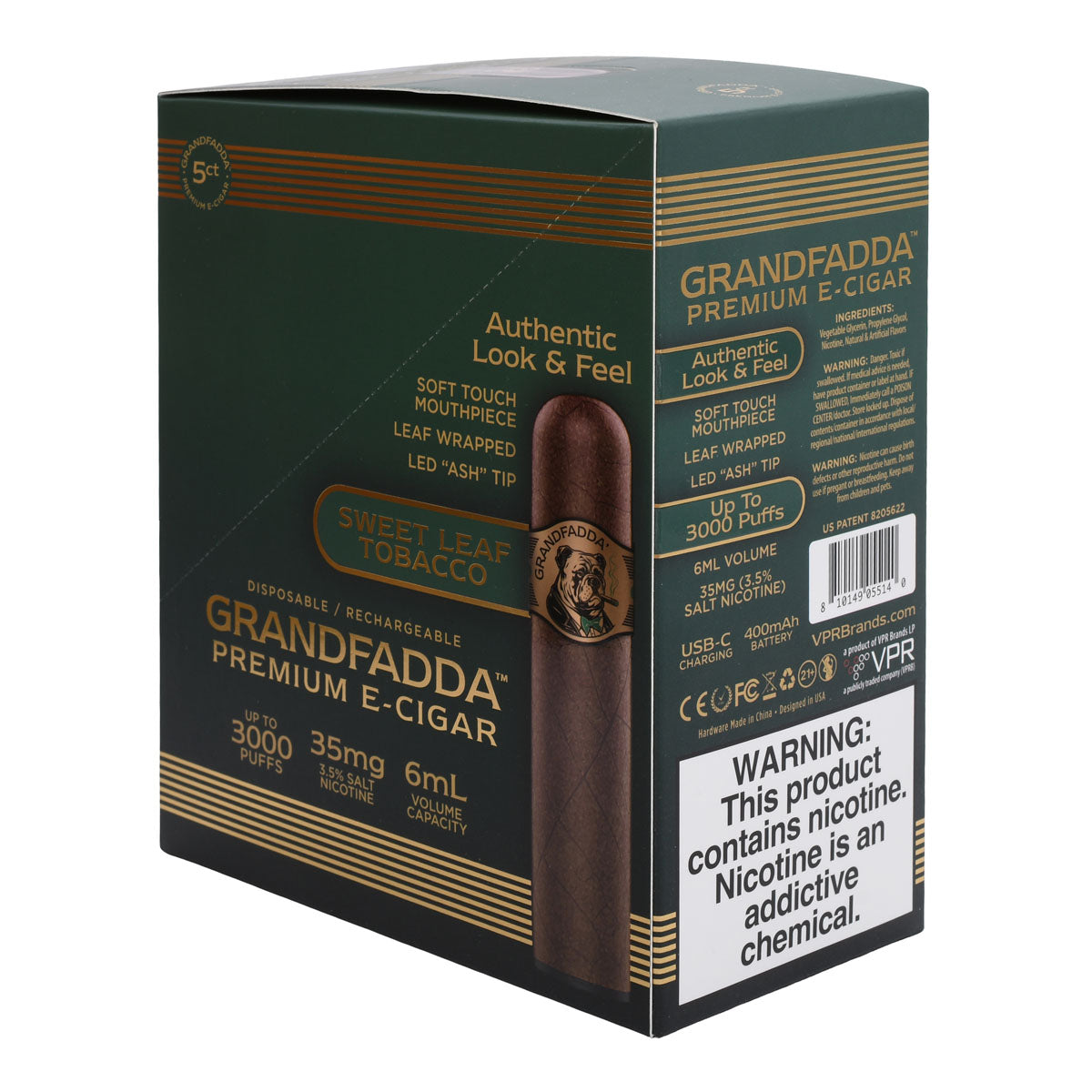 Grandfadda Gordo Sweet Leaf E-Cigars in Retail Box 5PCS (R Angle)