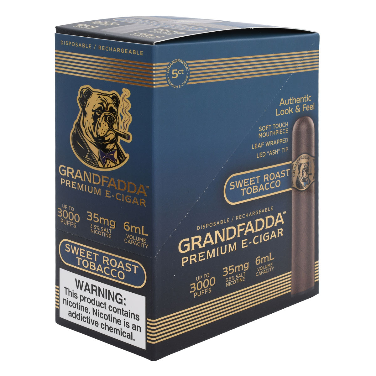 E-Cigar 5-Pack Box | Grandfadda Gordo Sweet Roasted Tobacco Flavor (L Angle)