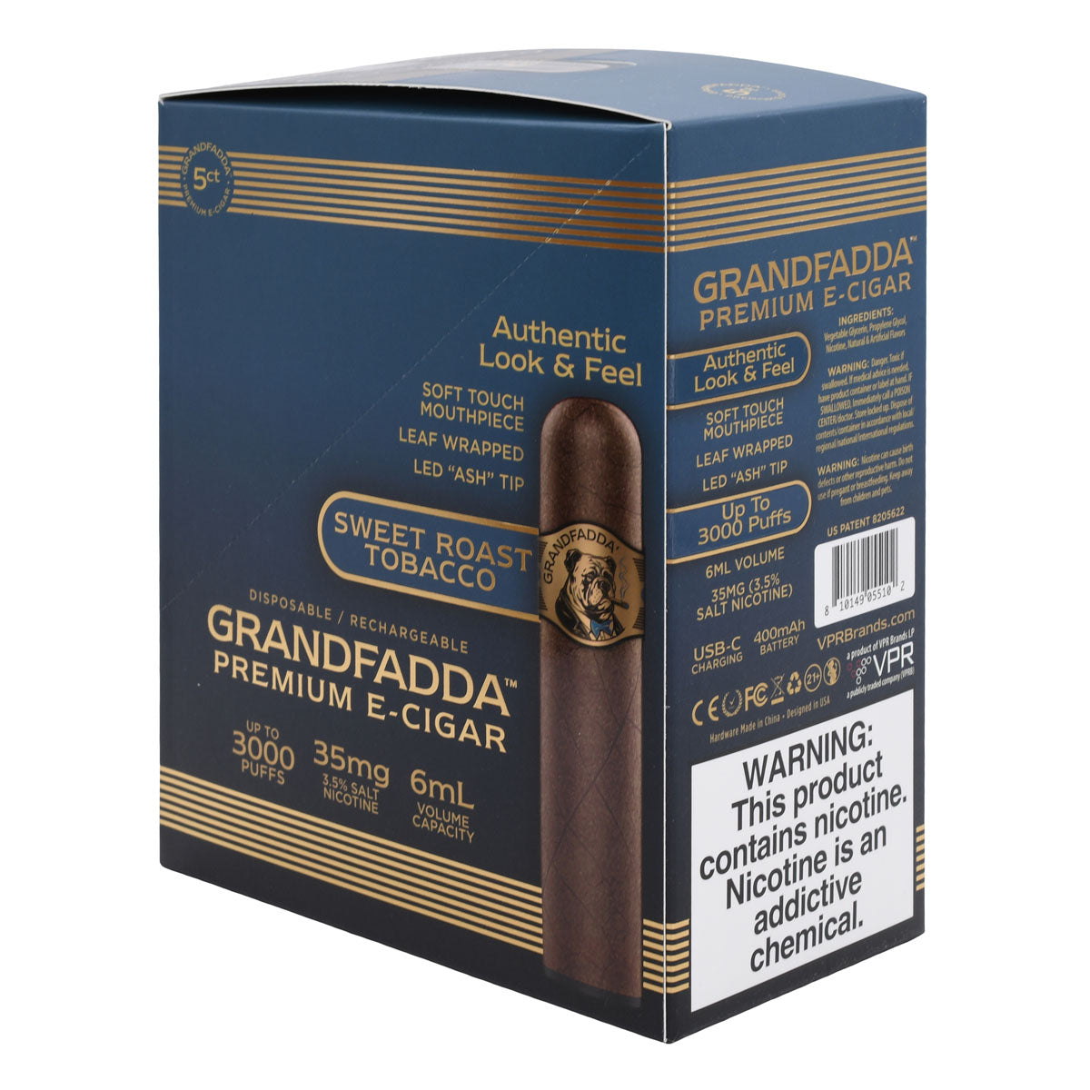 E-Cigar 5-Pack Box | Grandfadda Gordo Sweet Roasted Tobacco Flavor (R Angle)