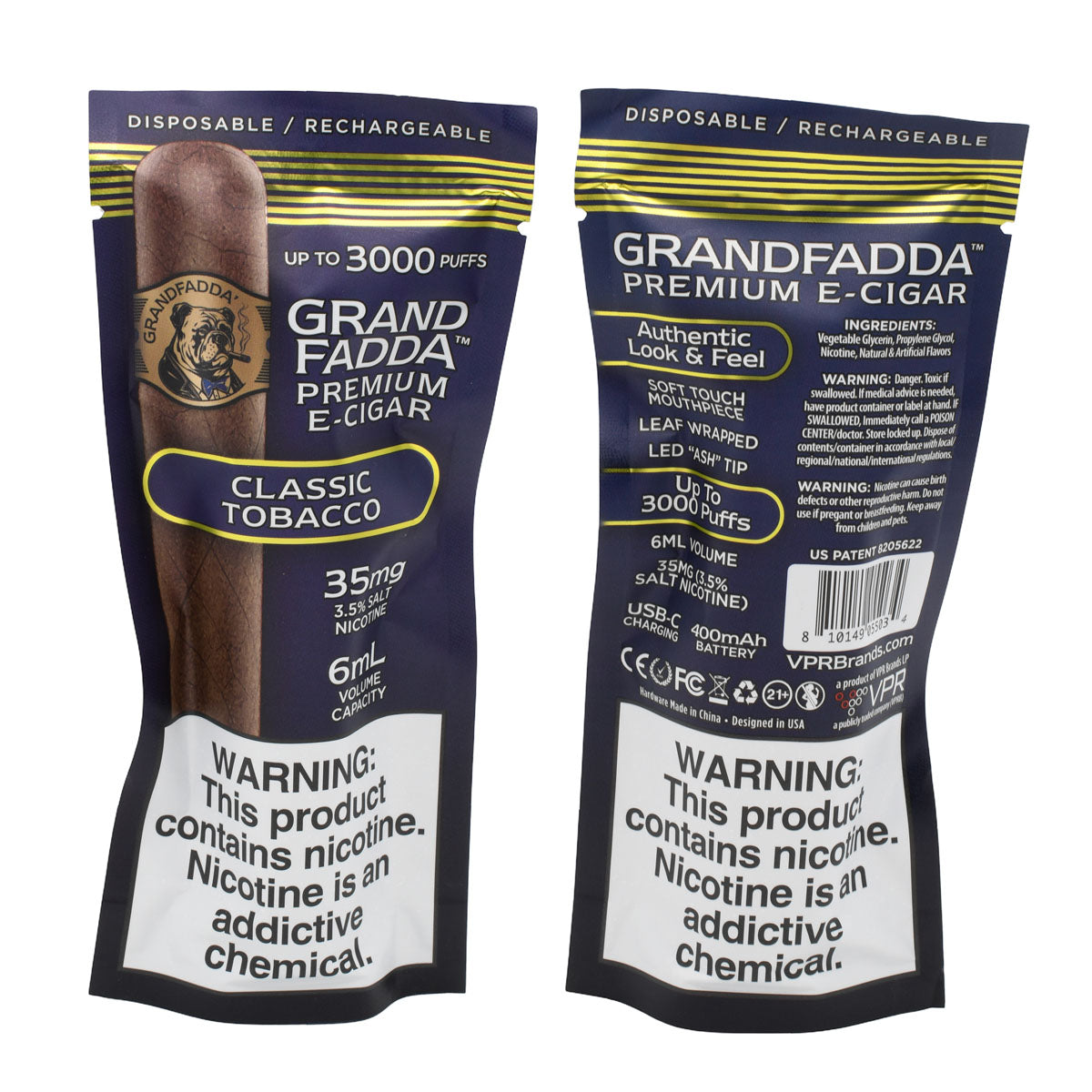 Grandfadda Premium E-cigar Classic Tobacco - Packaging Front and Back
