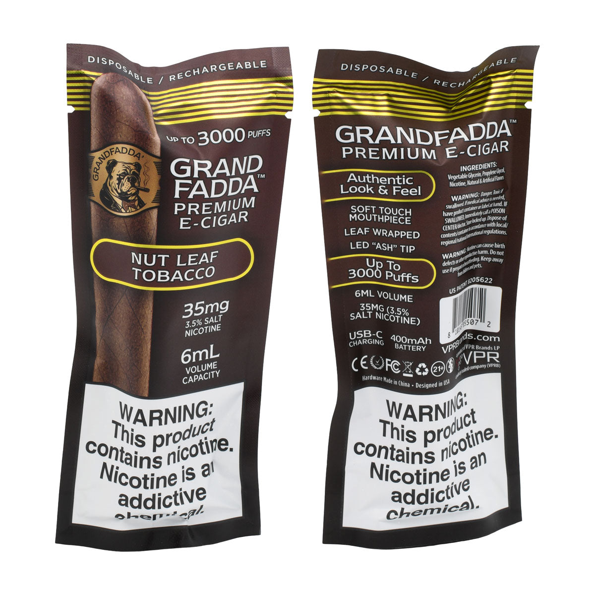 Grandfadda Premium E-cigar Nut Leaf Tobacco Packaging - Front and Back