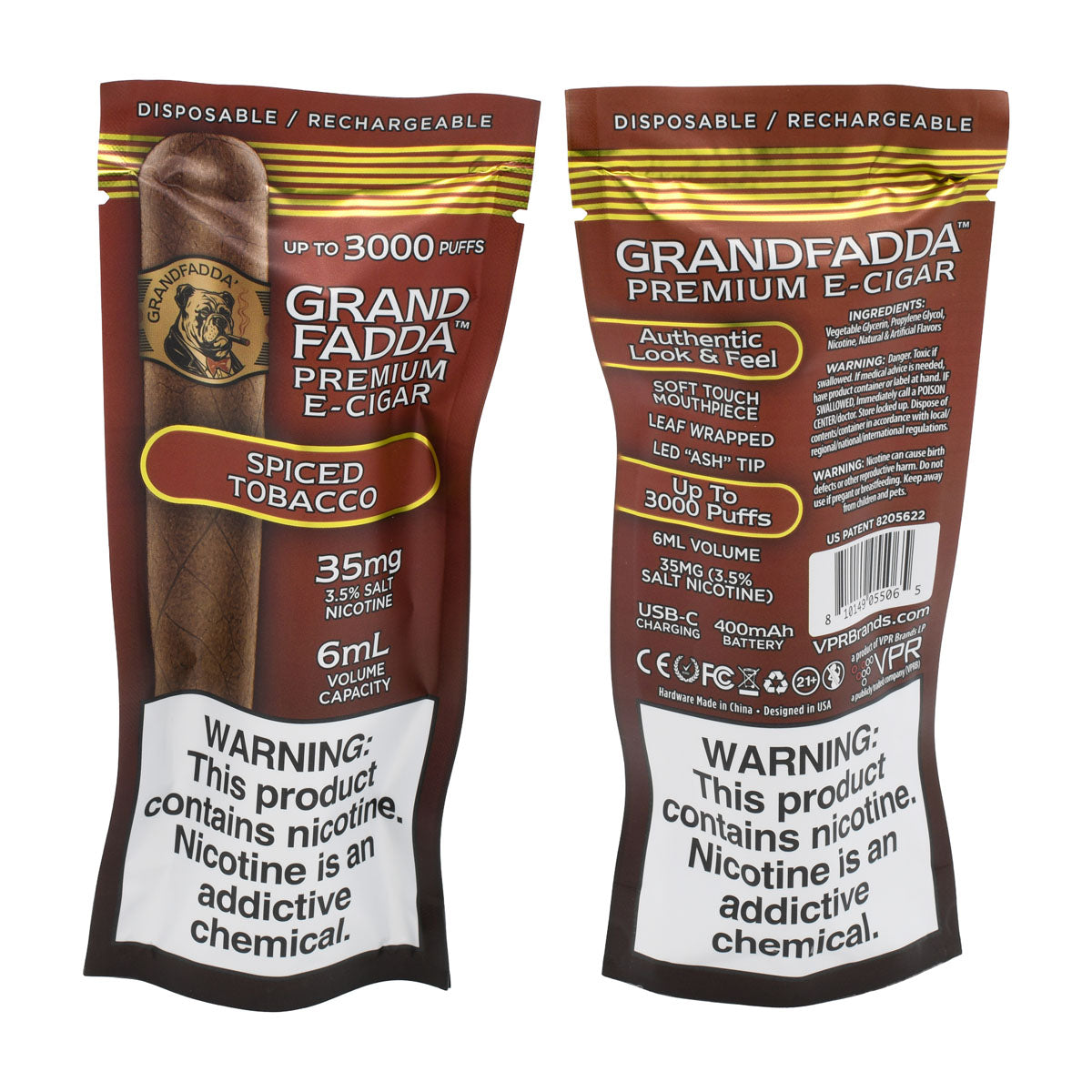 Grandfadda Premium E-cigar Spiced Tobacco Packaging - Front and Back