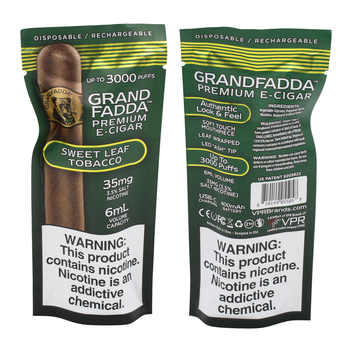 Grandfadda Premium E-cigar Sweet Leaf Tobacco - Packaging Front and Back
