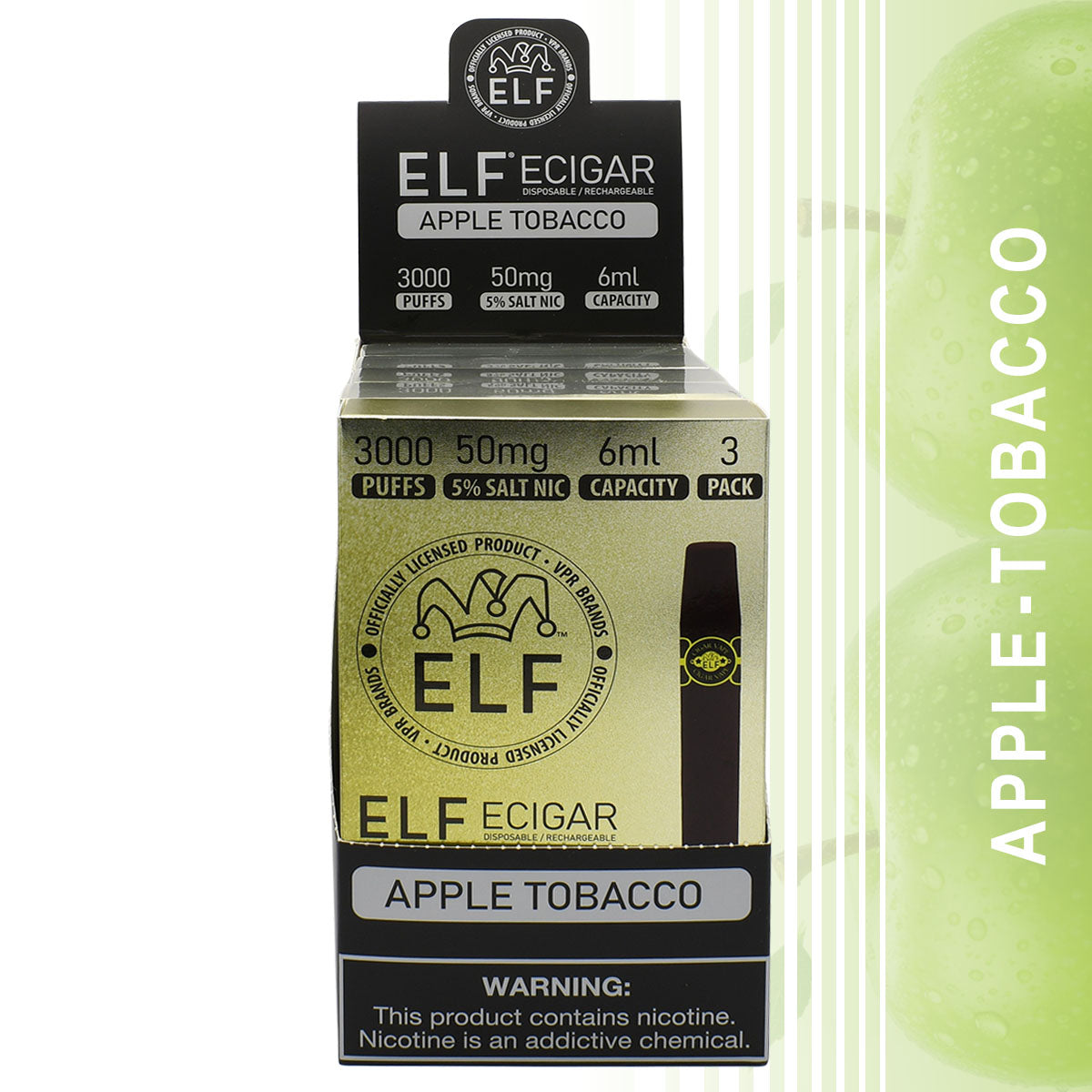 Apple Tobacco Flavored 15-PACK Elf E-Cigars with Retail Display Packaging
