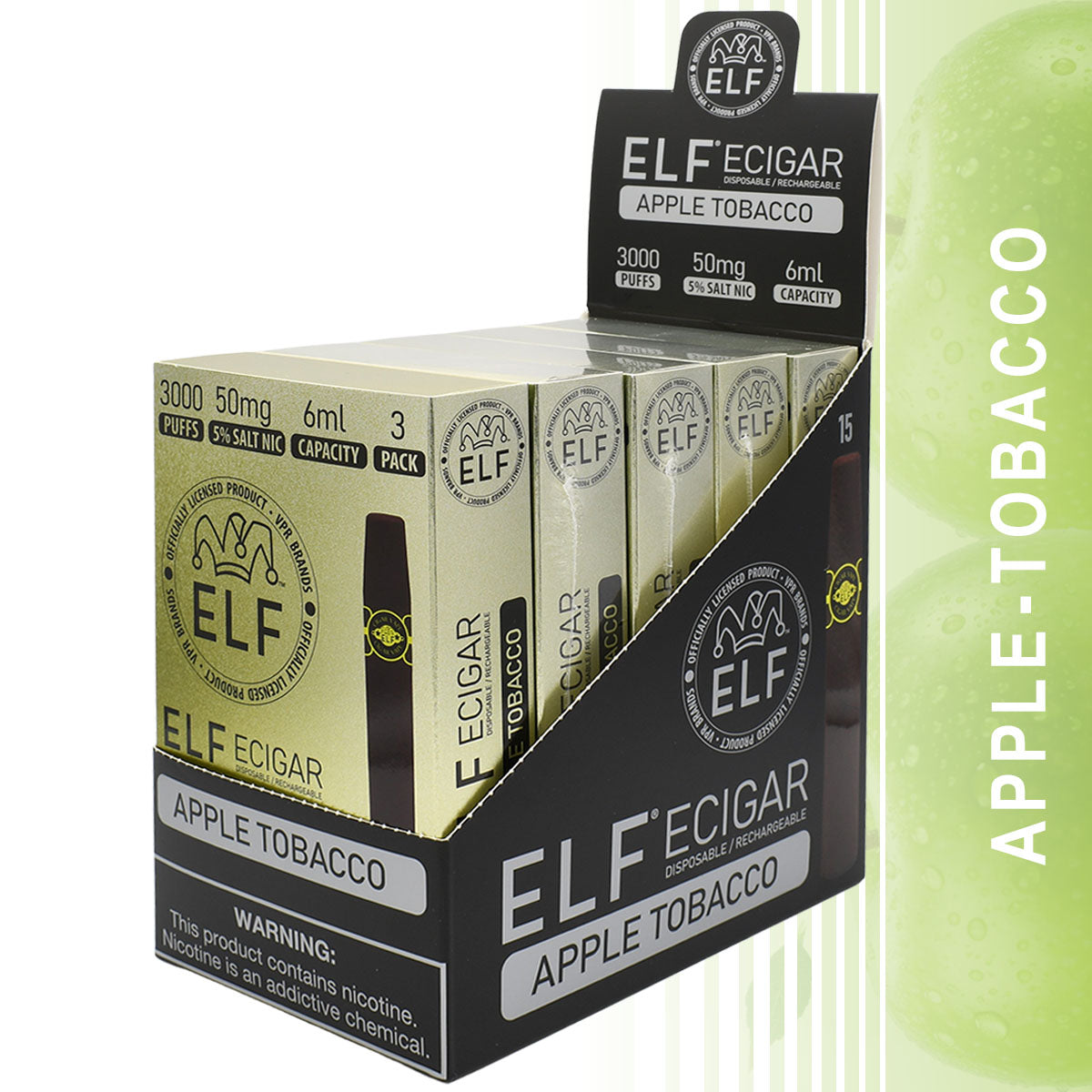 15-PACK Apple Tobacco Elf E-Cigars with Retail Display Packaging
