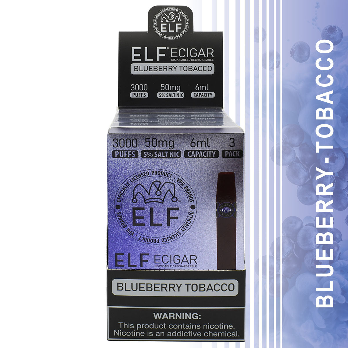 Blueberry Tobacco Flavored 15-PACK Elf E-Cigars with Retail Display Packaging