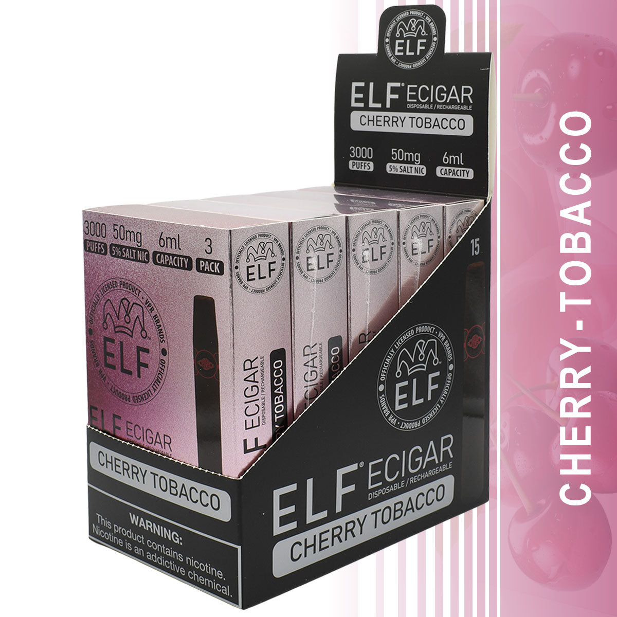 15-PACK Cherry Tobacco Elf E-Cigars with Retail Display Packaging