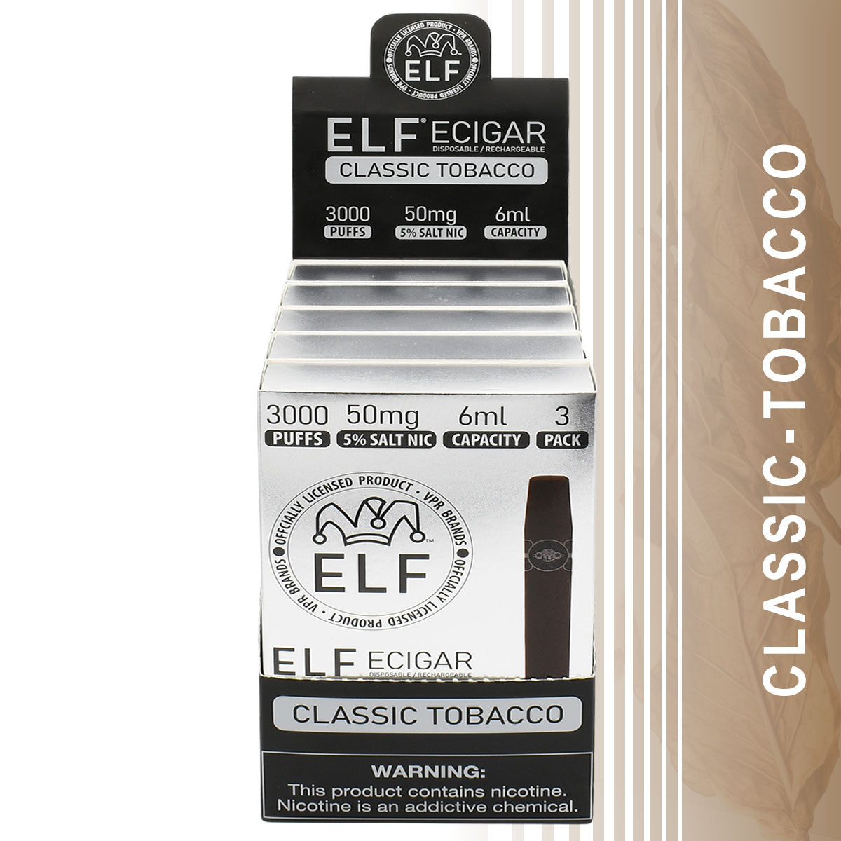 Classic Tobacco 15-PACK Elf E-Cigars with Retail Display Packaging
