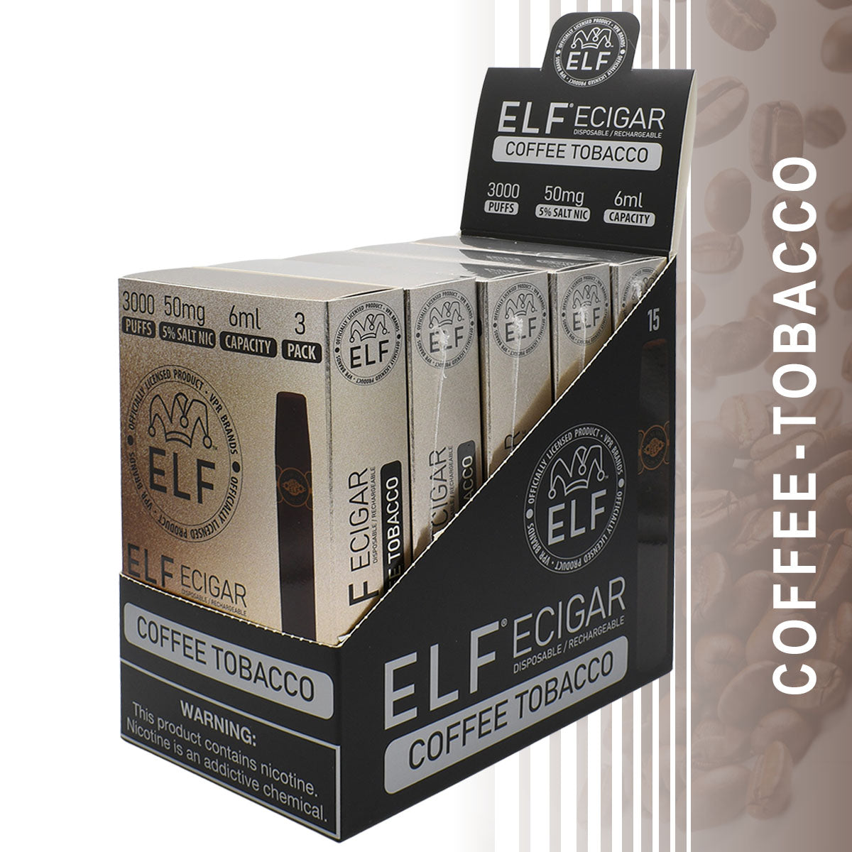 15-PACK Coffee Tobacco Elf E-Cigars with Retail Display Packaging