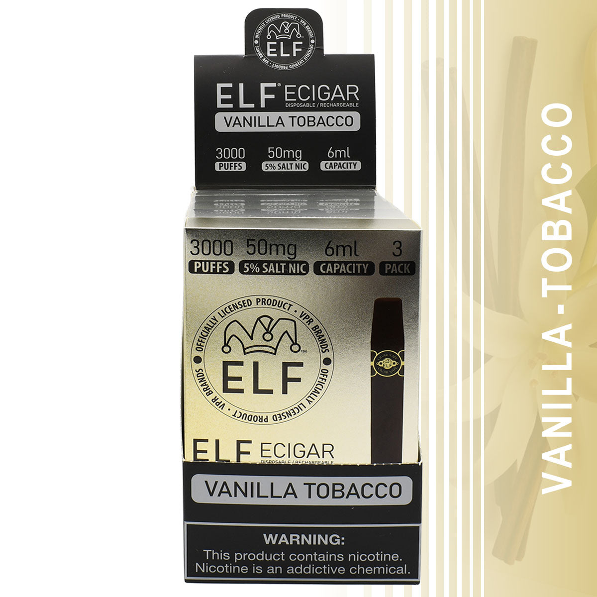 Vanilla Tobacco Flavored 15-PACK Elf E-Cigars with Retail Display Packaging