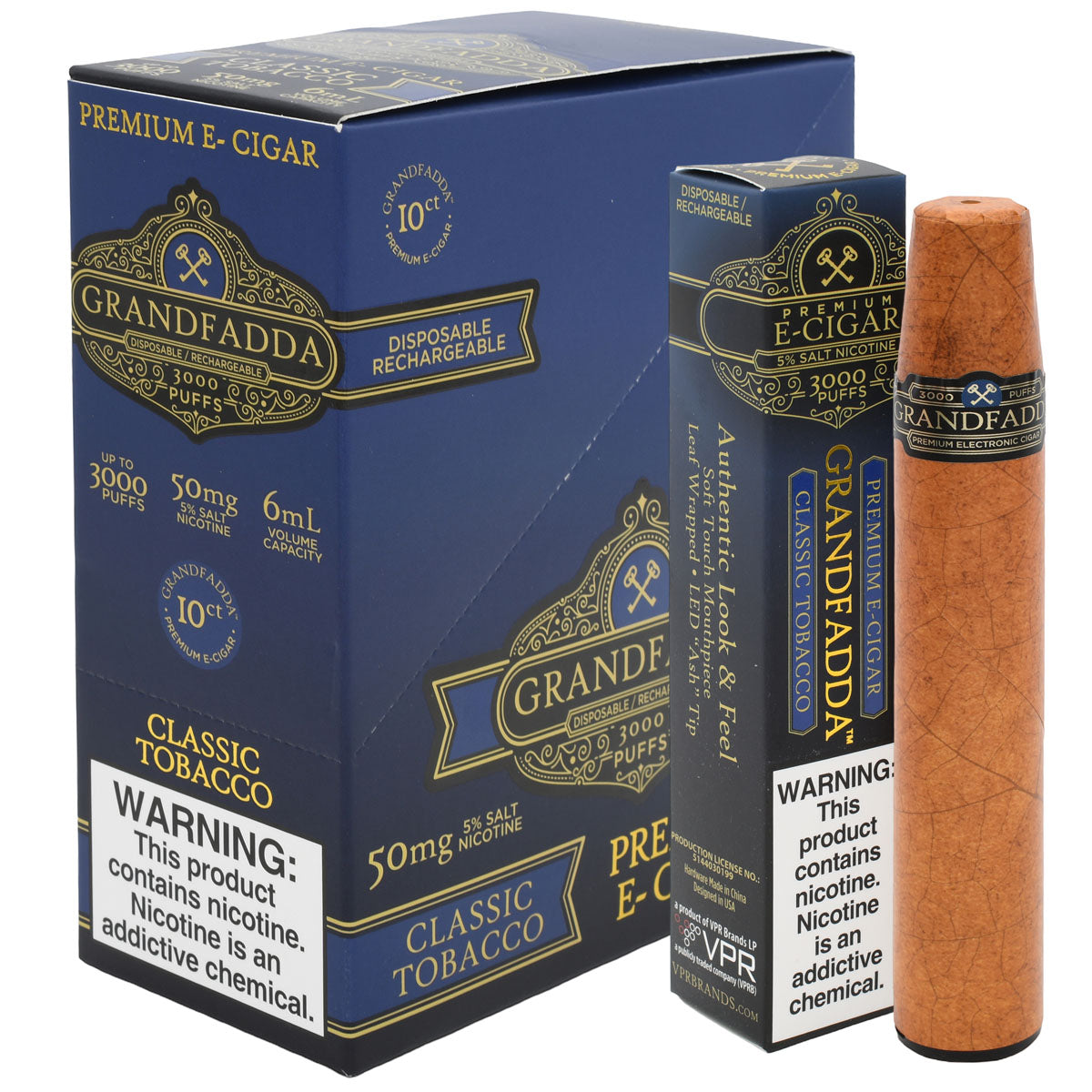 Grandfadda Premium Classic Tobacco E-Cigar 10-Pack