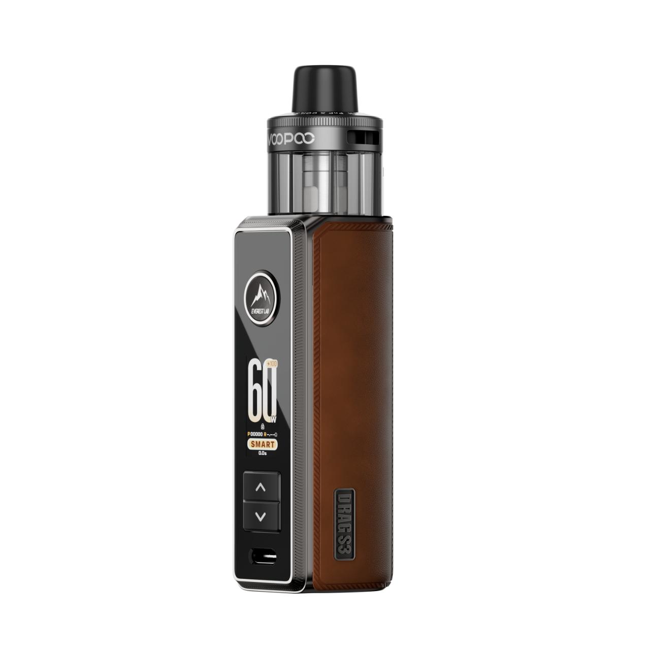 VooPoo Drag S3 Vape Kit Refillable Pod Mesh Coils Type C Charging - Brown