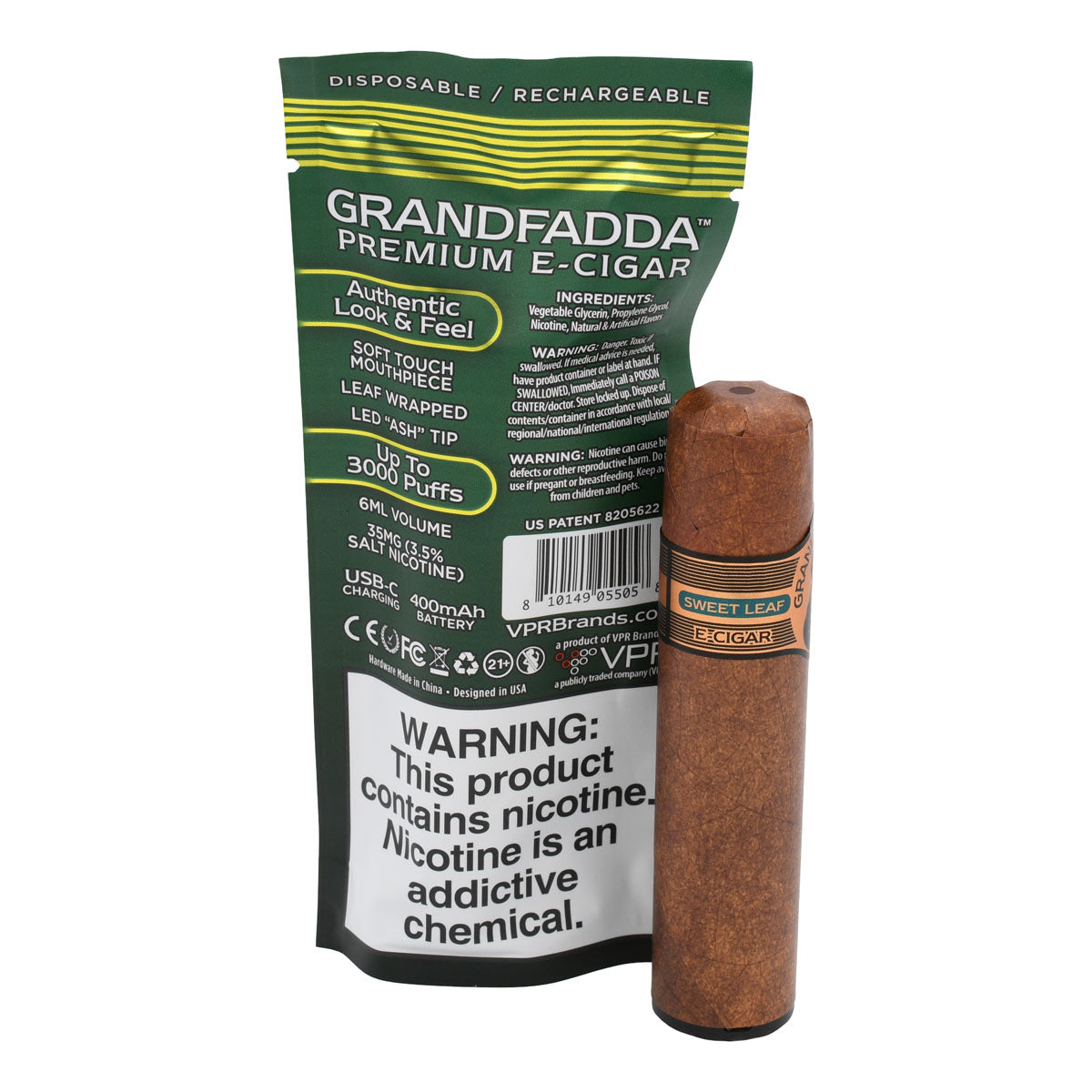 Grandfadda Premium E-cigar With Packaging - Sweet Leaf Tobacco Flavor