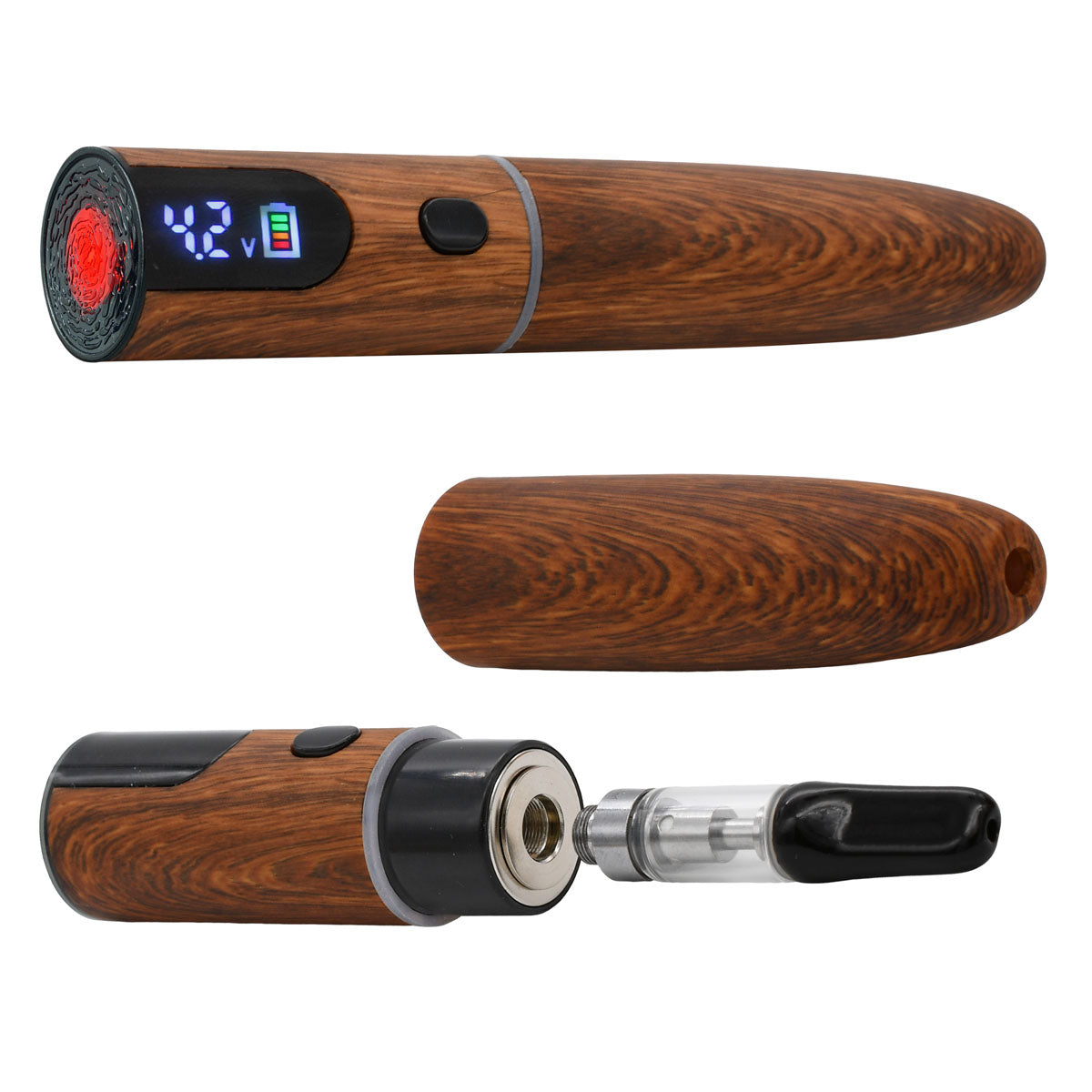 Walnut Ecigar Cartridge Battery open with 510 Thread Base, 0.5mL Cartridge and Magnetic Cover /  Closed with Red 'Ash' LED