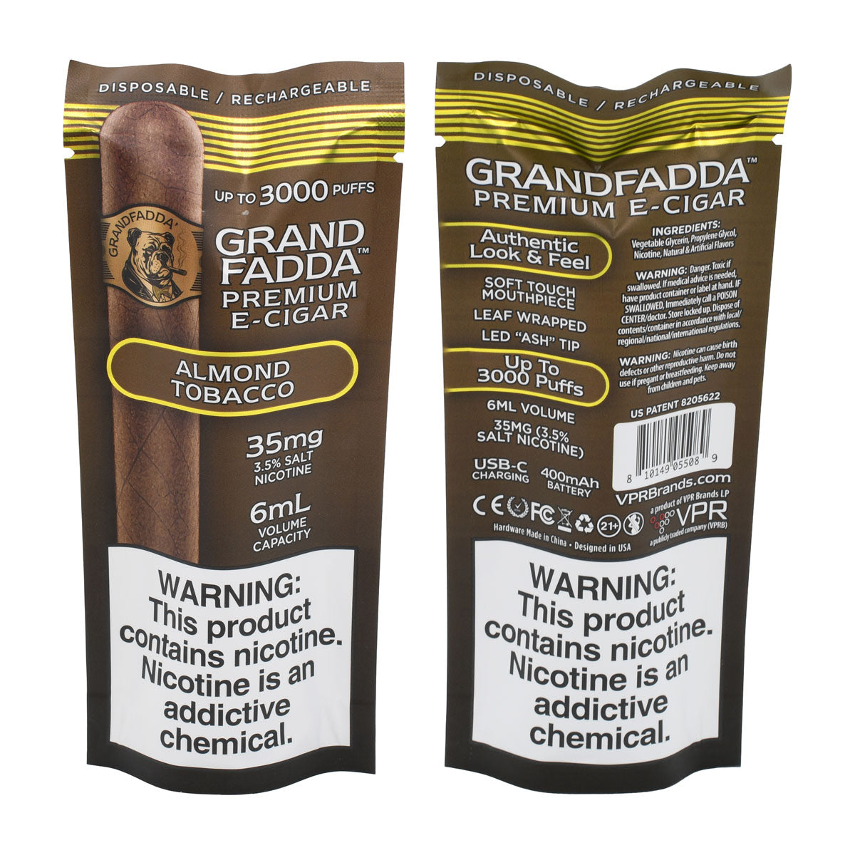 Grandfadda Premium E-cigar Almond Tobacco - Packaging Front and Back