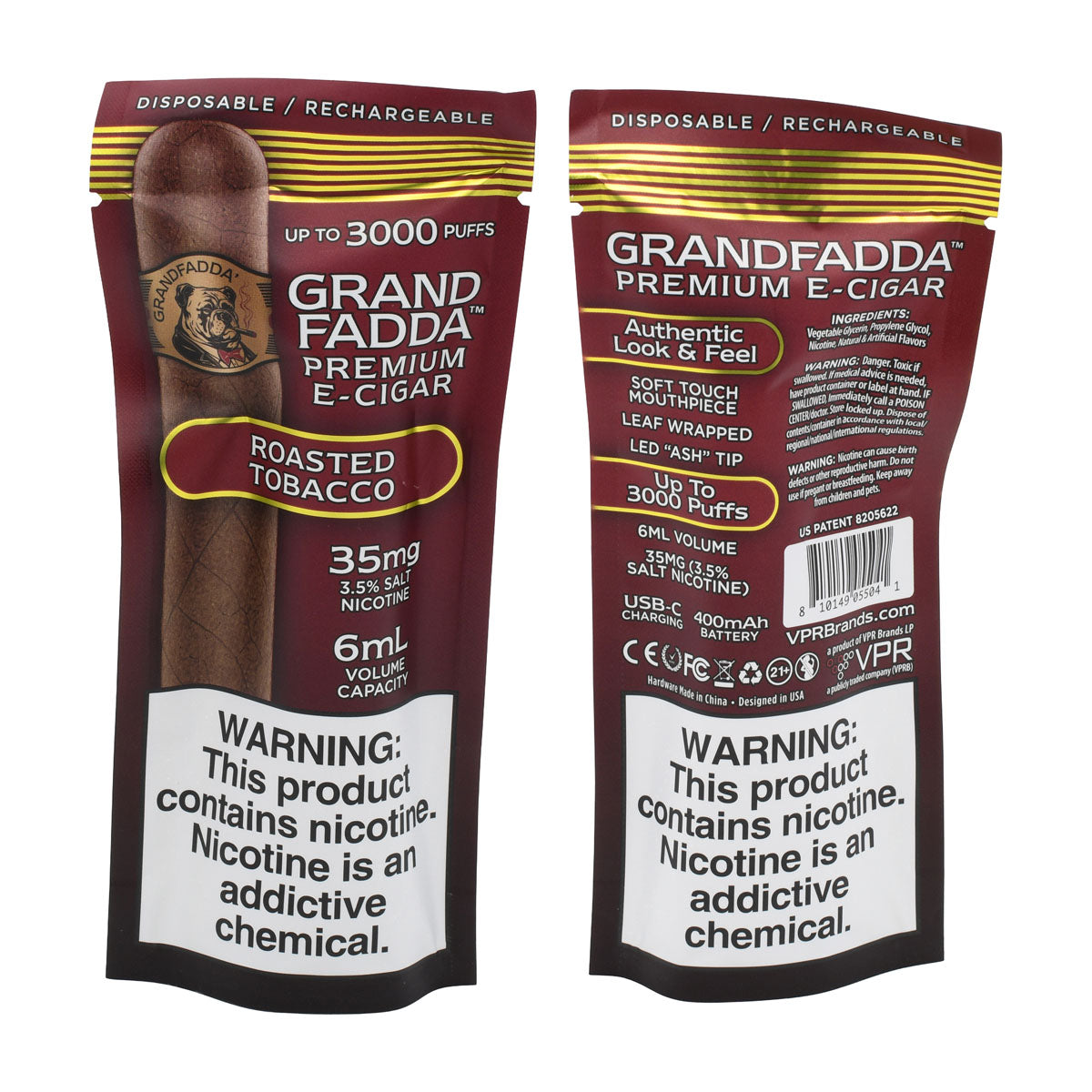 Grandfadda Premium E-cigar Roasted Tobacco - Packaging Front and Back