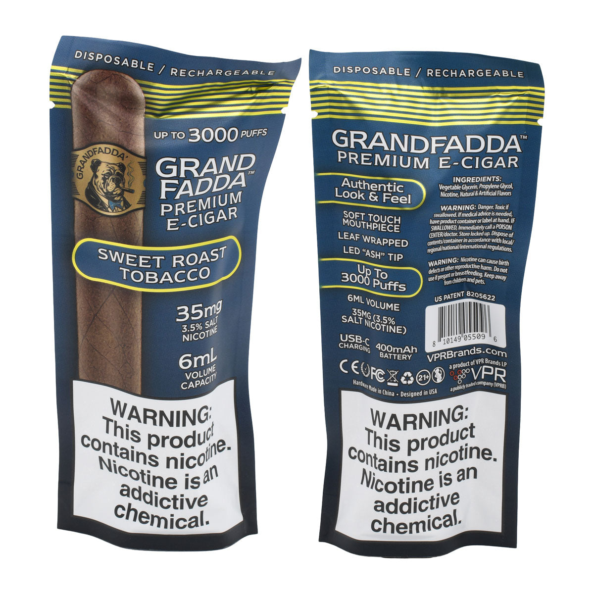 Grandfadda Premium E-cigar Sweet Roast Tobacco Packaging - Front and Back