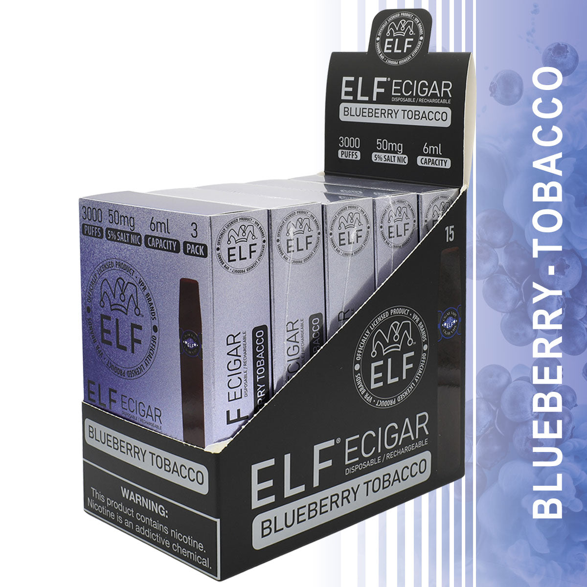 15-PACK Blueberry Tobacco Elf E-Cigars with Retail Display Packaging