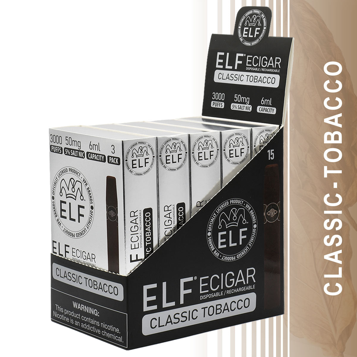 15-PACK Classic Tobacco Elf E-Cigars with Retail Display Packaging