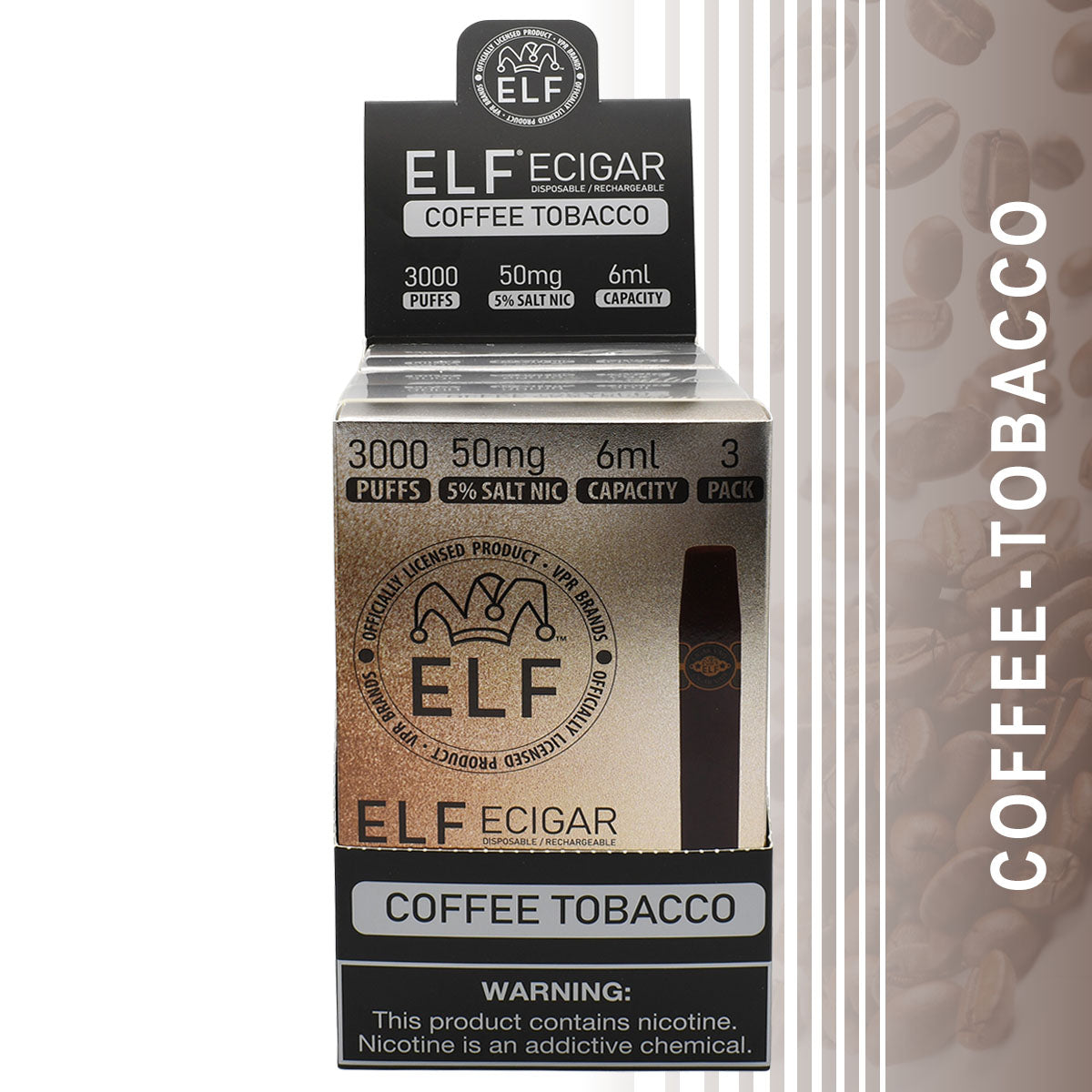 Coffee Tobacco 15-PACK Elf E-Cigars with Retail Display Packaging