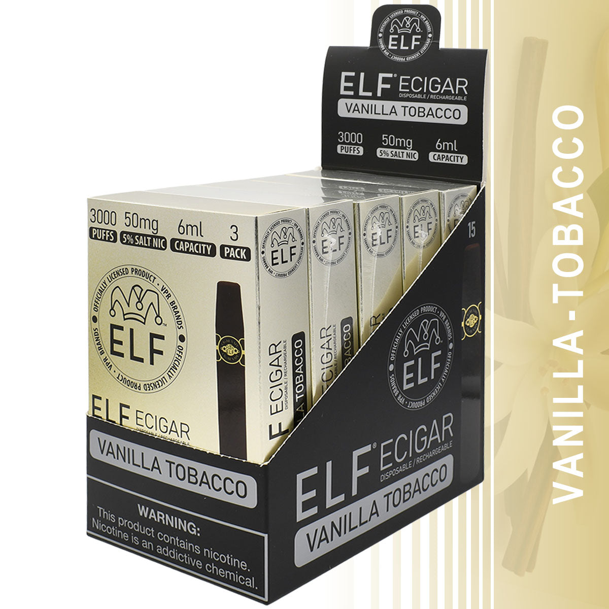 15-PACK Vanilla Tobacco Elf E-Cigars with Retail Display Packaging